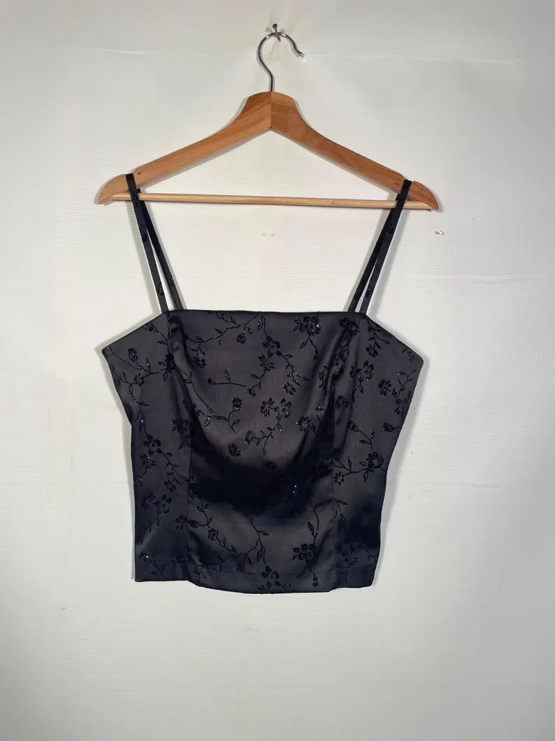 90s Black Satin 3 Piece With Flocked Velvet Glitter Floral Size 11/12 M 30/31 W