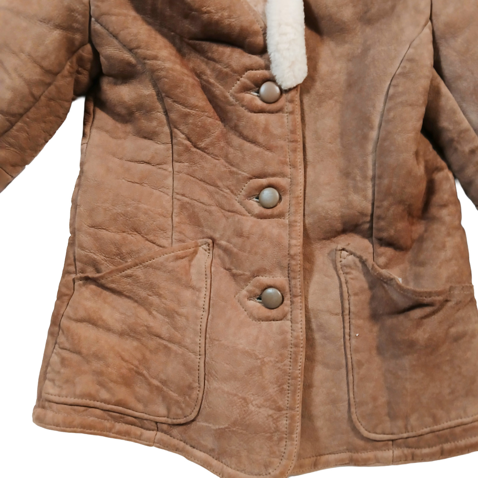 Knight Tailors Shearling Sheepskin Coat Womens 34 XS Brown Suede Vintage 70s 80s