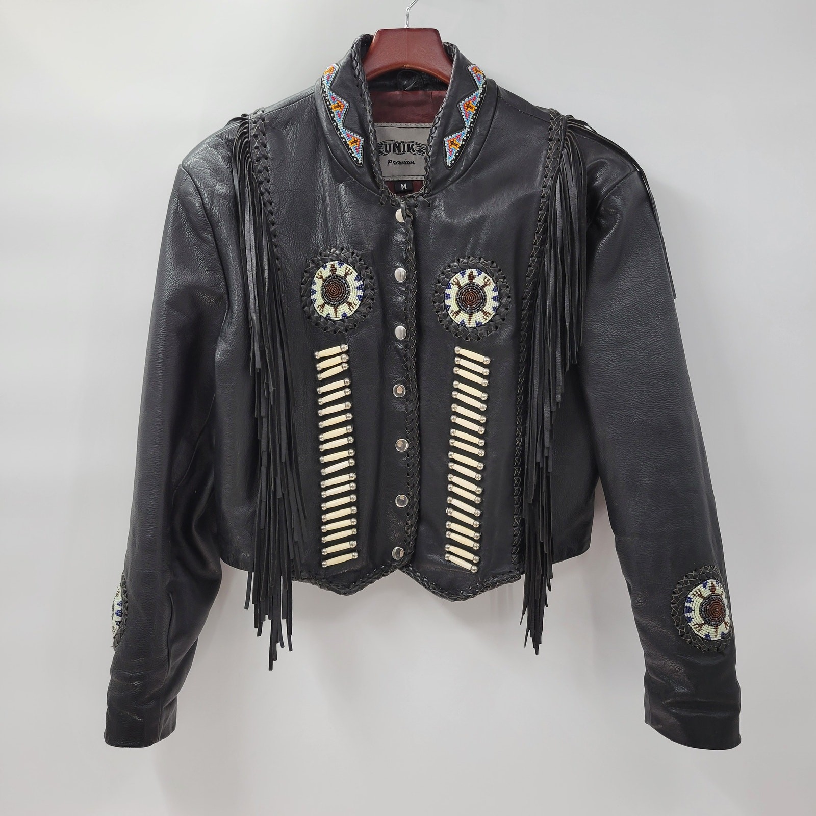 VTG Unik Leather Motorcycle Jacket Womens M Black Fringe Beaded Cropped Snaps