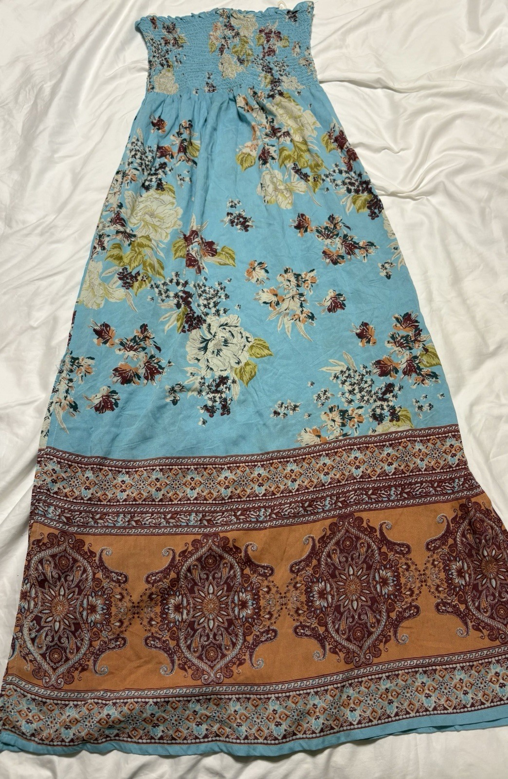 1999 VTG Y2K Angie Boho Floral Smocked Maxi Dress Sky Blue Orange Medium NWOT