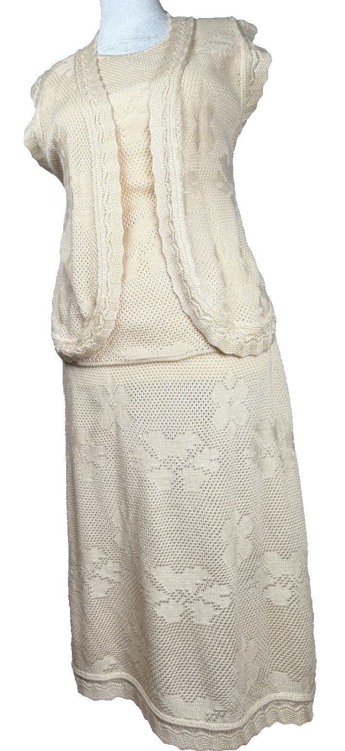 Vintage Mid-Century LeRoy 3-Piece knitwear Set Bohemian Romantic Creme Womens XS