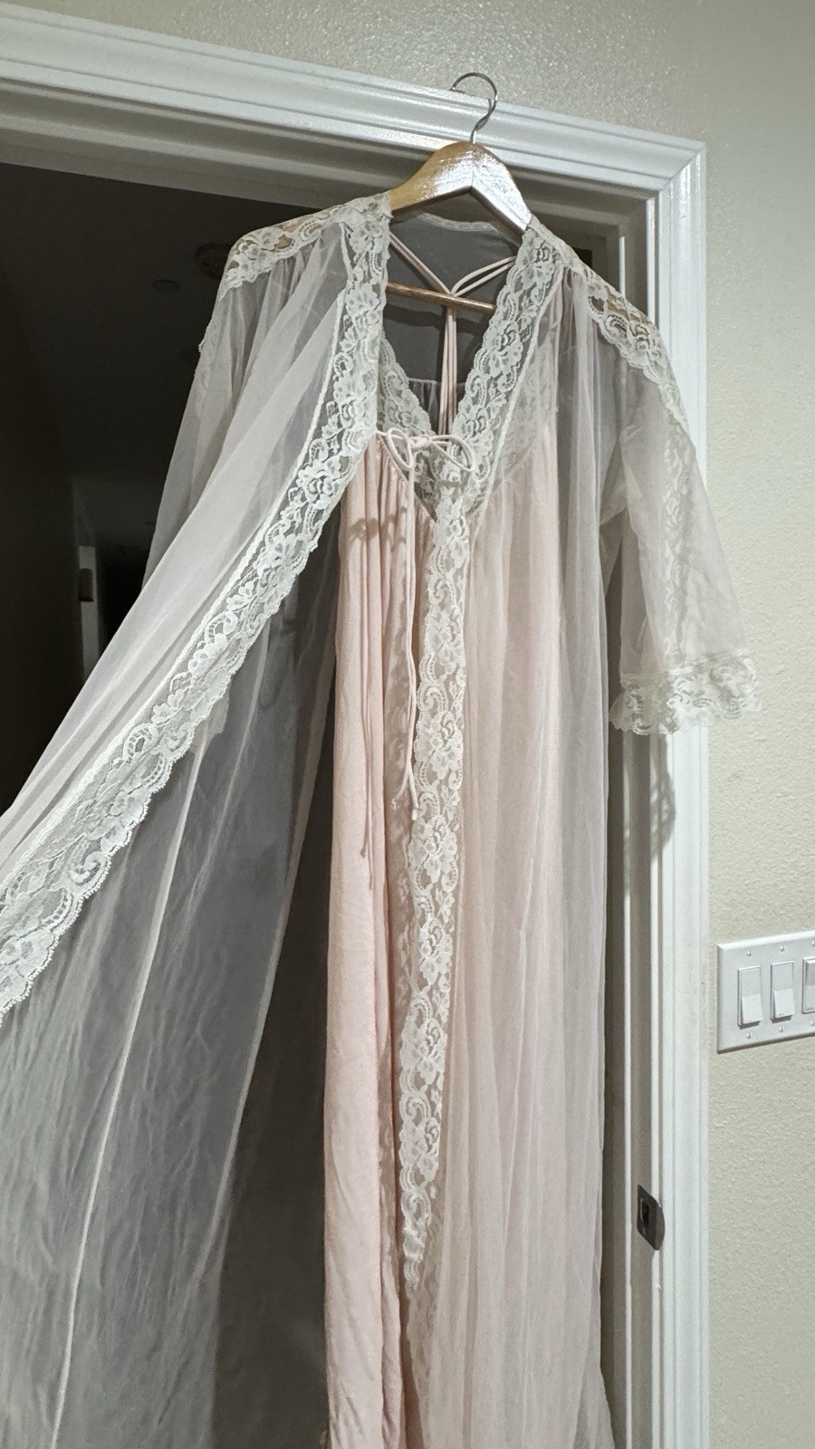 2PC Vintage L-XL 80s peignoir sheer Chiffon 100% Nylon Nightgown & Sheer Robe