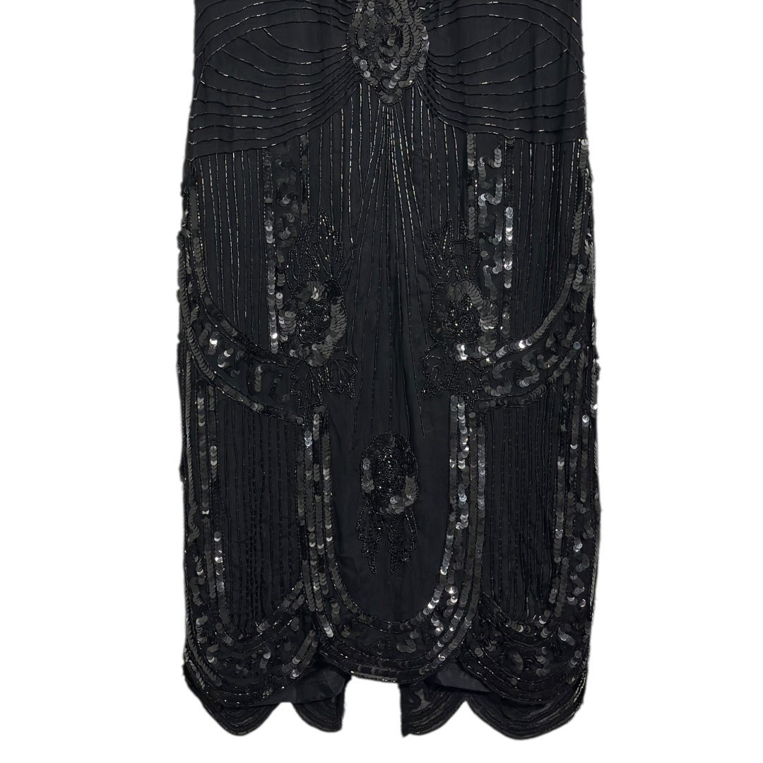 SweeLo Vintage 1920 Black Beaded 100% Silk Flapper Dress Sequin Art Deco Size PL