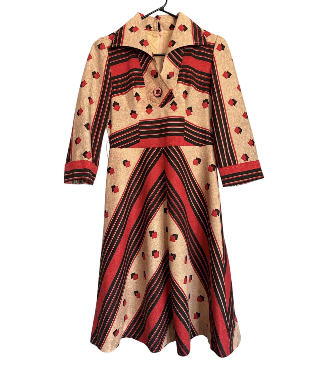 VTG Dress Black, Red, and Brown Geometric Print Knee Length Long Sleeve 60s/70s