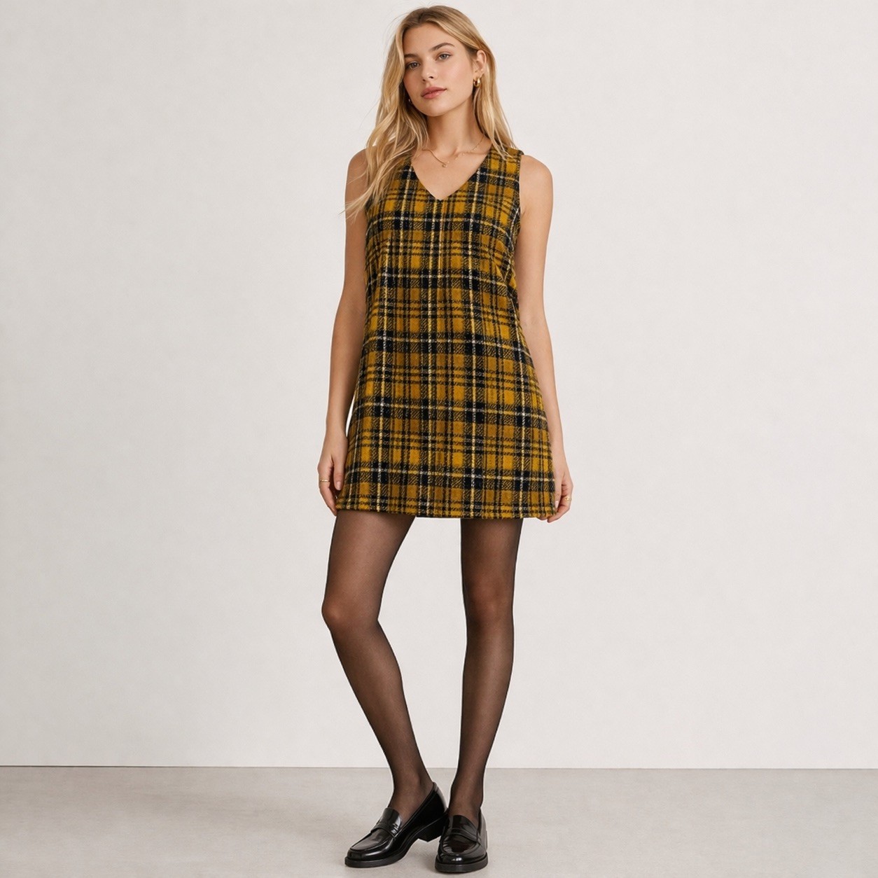 Vintage Plaid Sleeveless Shift Dress in Yellow and Black – M