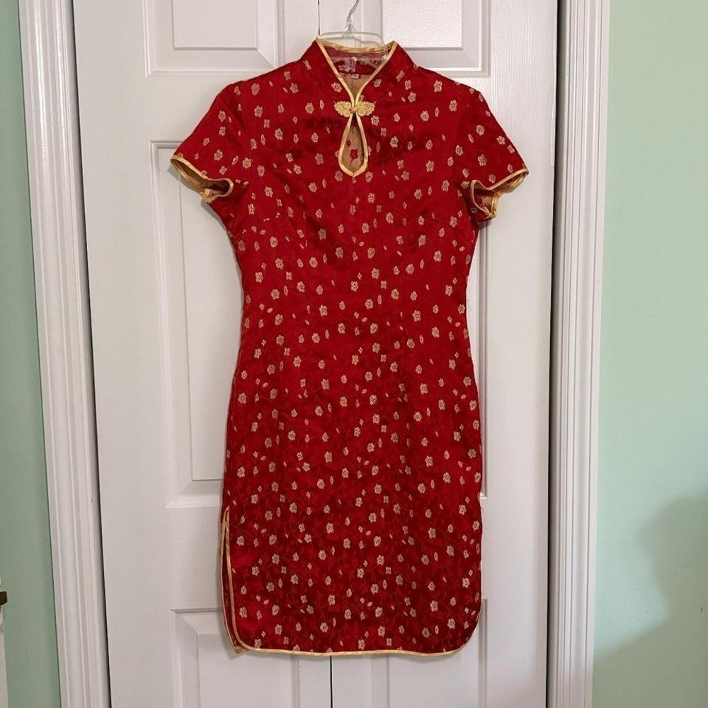 Women’s Red and Yellow Asian Design Dress Y2K Vintage Sz Medium
