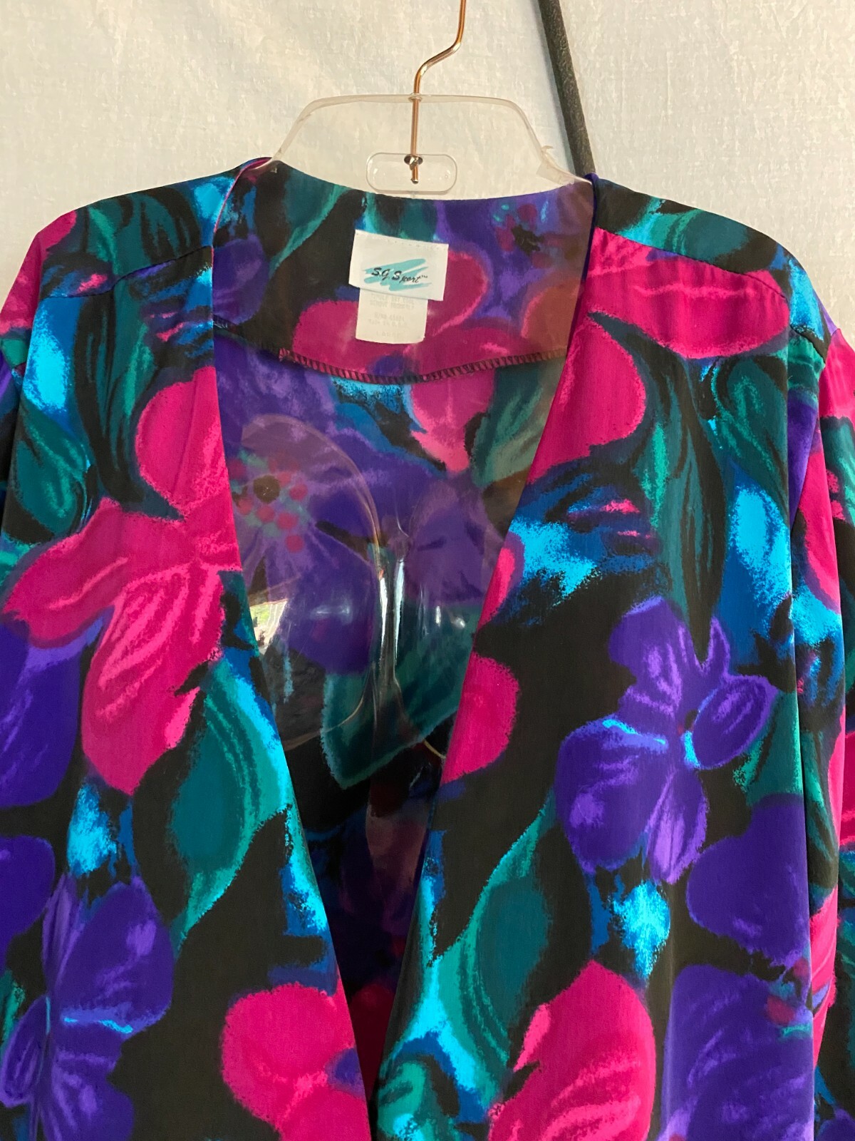 Vtg 80s S G Sport Jacket Top Floral Black Purple Magenta Blue Green Belted USA L
