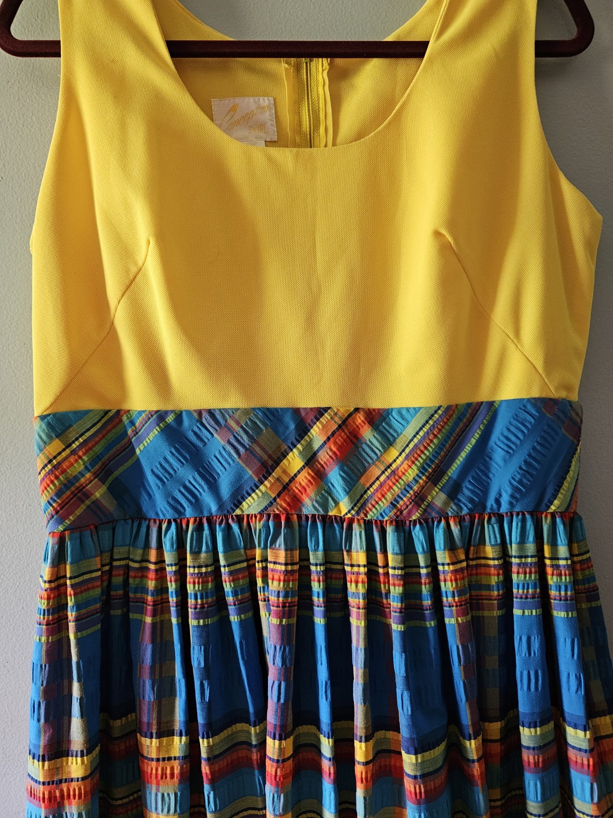 Vintage SWIRL Concept 70s Yellow Blue Plaid Ruffle Summer Maxi Plus Size Dress