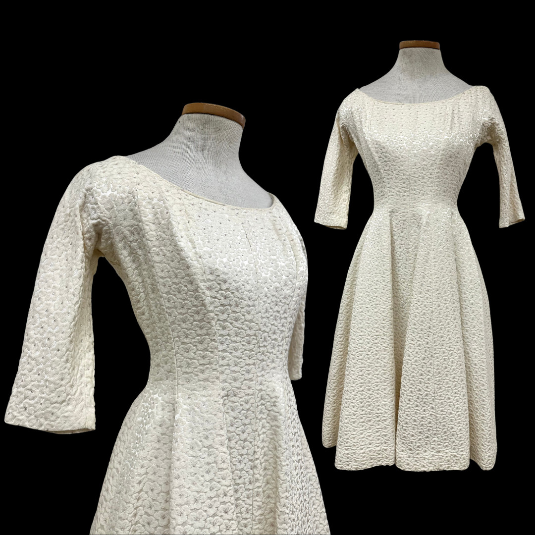 Vintage 1960s Gigi Young Brocade Cream Floral Flared Dress with Rose Gold Lame