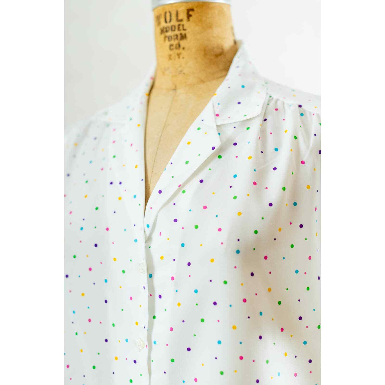 Vintage 80s Colorful Confetti Dot Blouse, Silky Polyester, Button Front, Med Lg