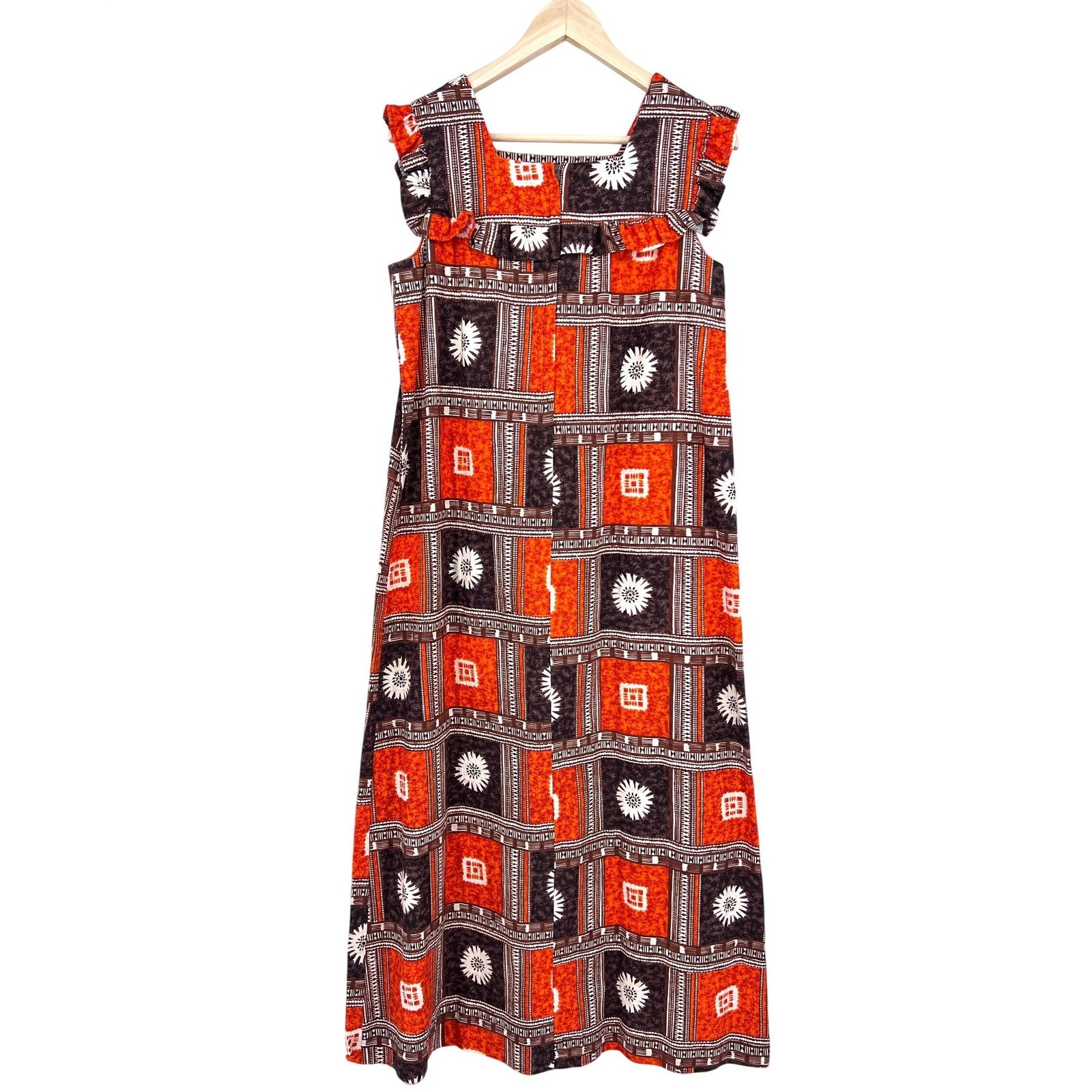 Vintage 1970s Tapa Designs Hawaiian Maxi Dress Ruffle Tapa Print tiki luau