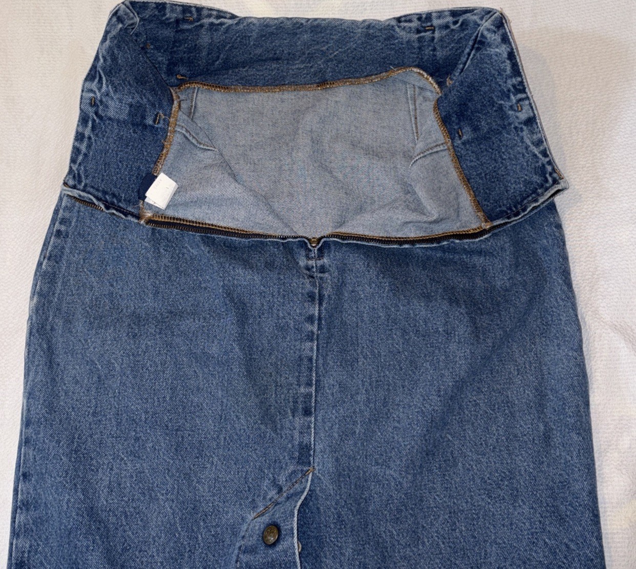VTG 80s Stuffed Shirt Jeanswear Denim Maxi Skirt Made USA Bronze Snaps Sz 13/14