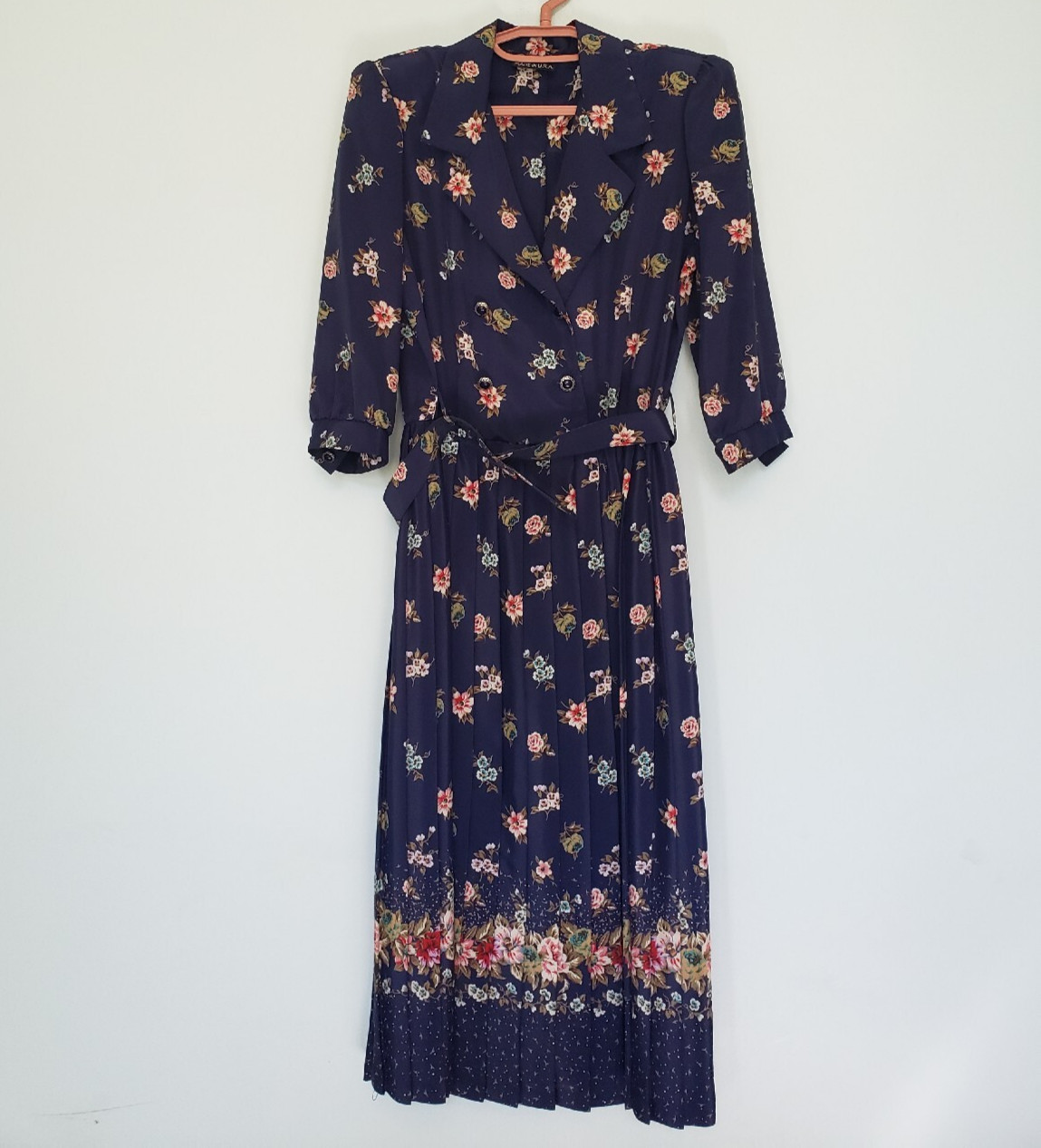 Vtg Breli Originals Women’s 10 Midi Dress Blue Floral 3/4 Sleeve Belted Pleated