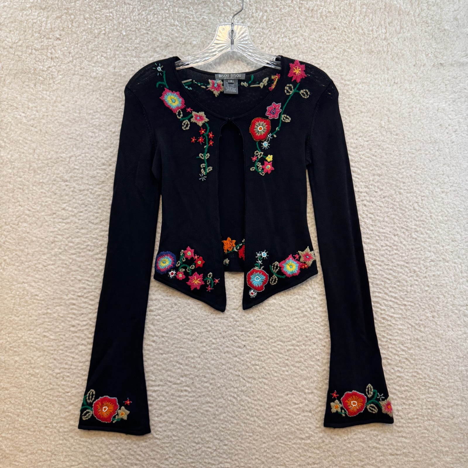 Y2K Vintage Bisou Bisou Cardigan Top XS Small Black Floral Embroidered Kitsch