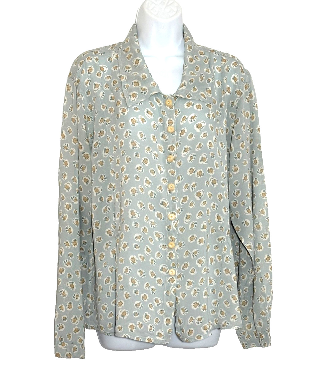 FLAX SOFT GREEN PRINT BLOUSE, MARKED SMALL BUT FITS LARGE , VINTAGE 1980’S