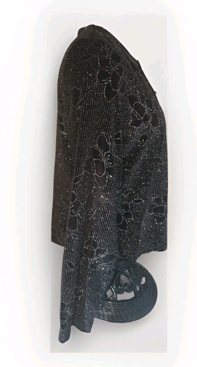 VTG Moonlighting Womens Black Velvet Tank Top With Glitter Flower Jacket Sz M