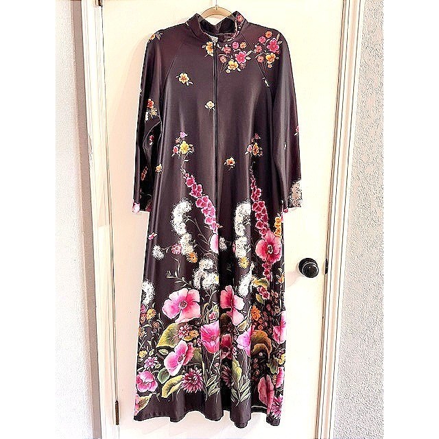 Vintage NPC Fashions Brown Floral Caftan Maxi Day Dress/ House Coat 70’s Groovy