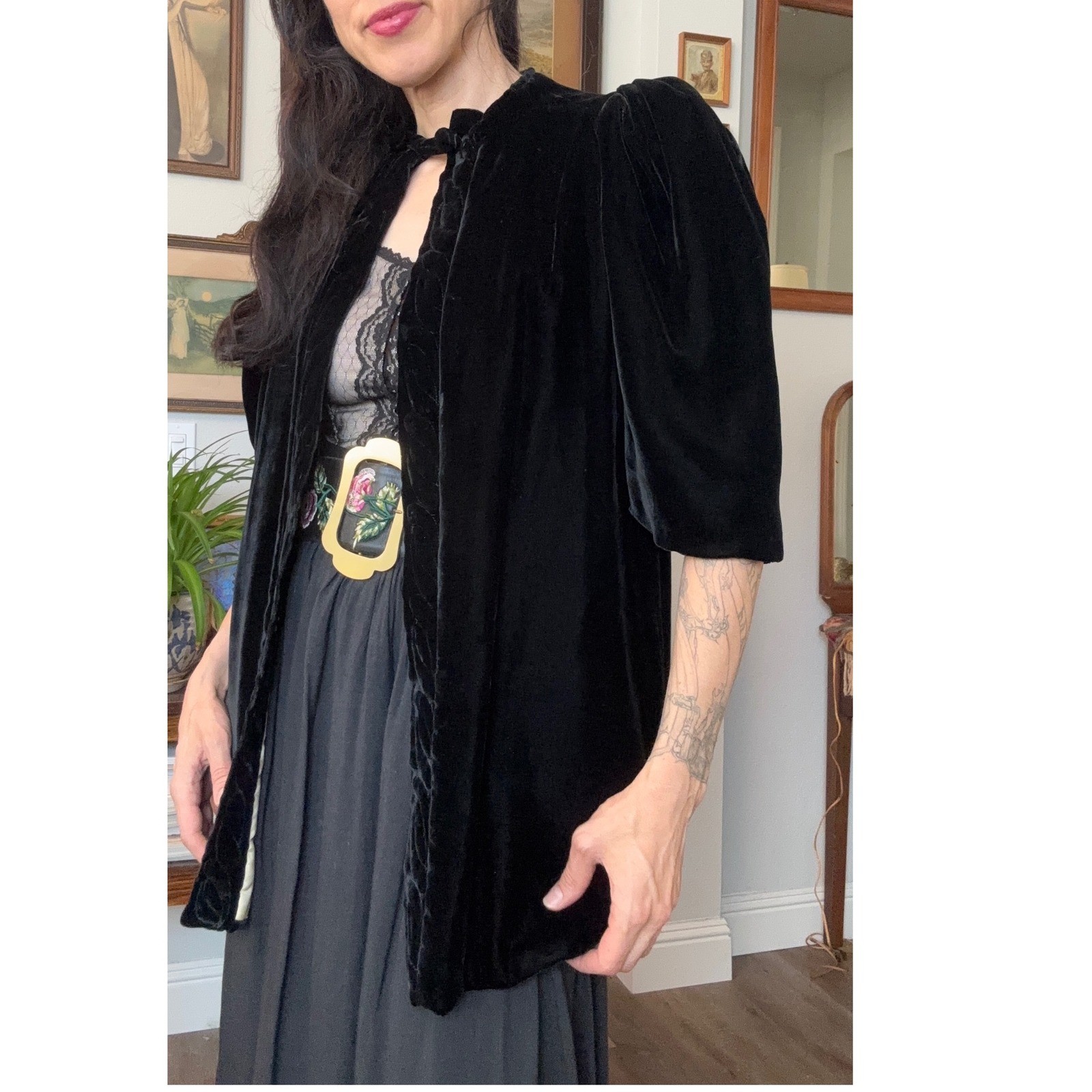 Vintage 30s 40s Black Silk Velvet Evening Jacket Puff Sleeve Trapunto Quilted
