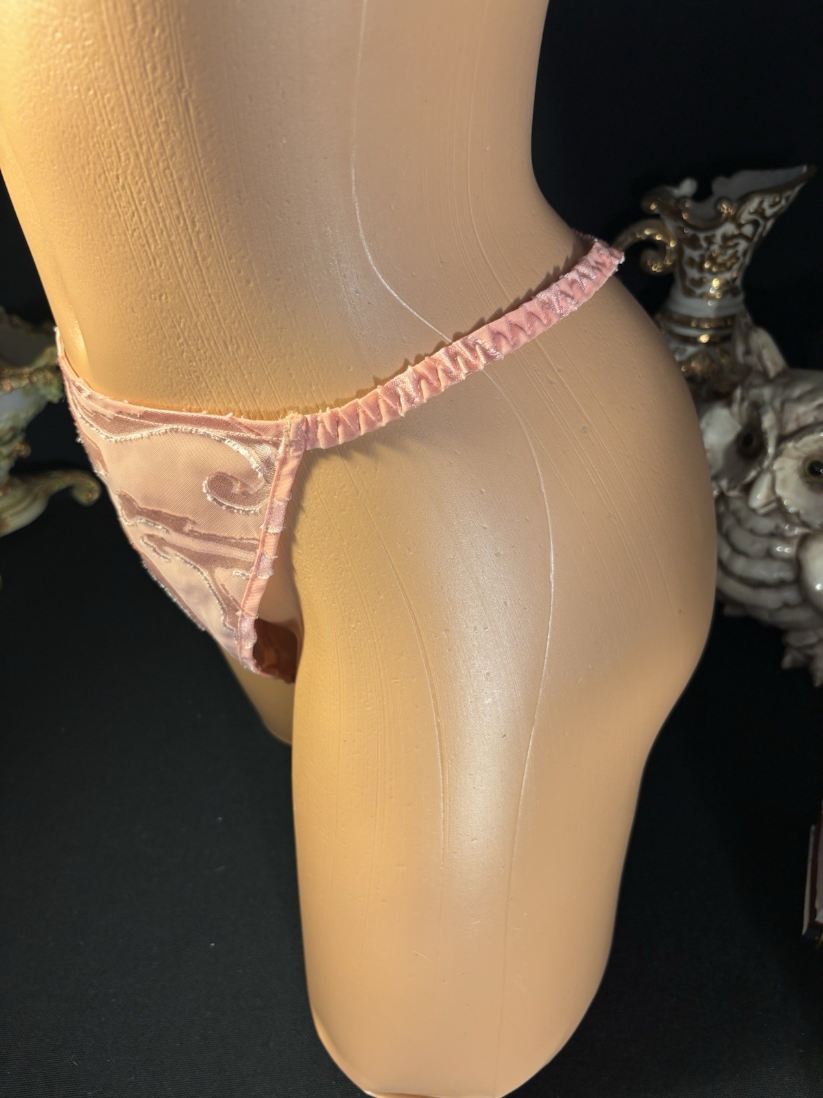 Vtg Satin Soft Burnout Nightie Thong Panties VS Babydoll Damask Sheer Gown Set S
