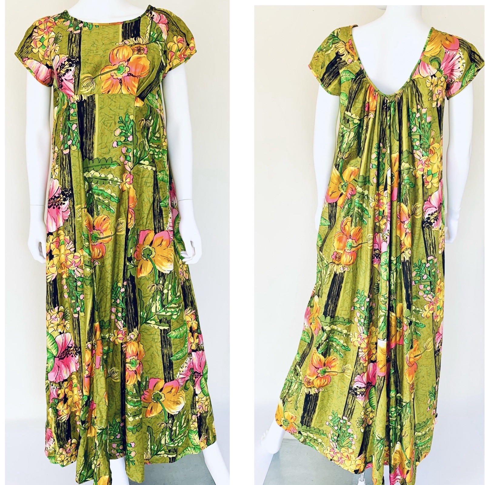 Vintage 1960s Hawaiian Floral Maxi Dress W/ Train Neon Print Polished Cotton M/L