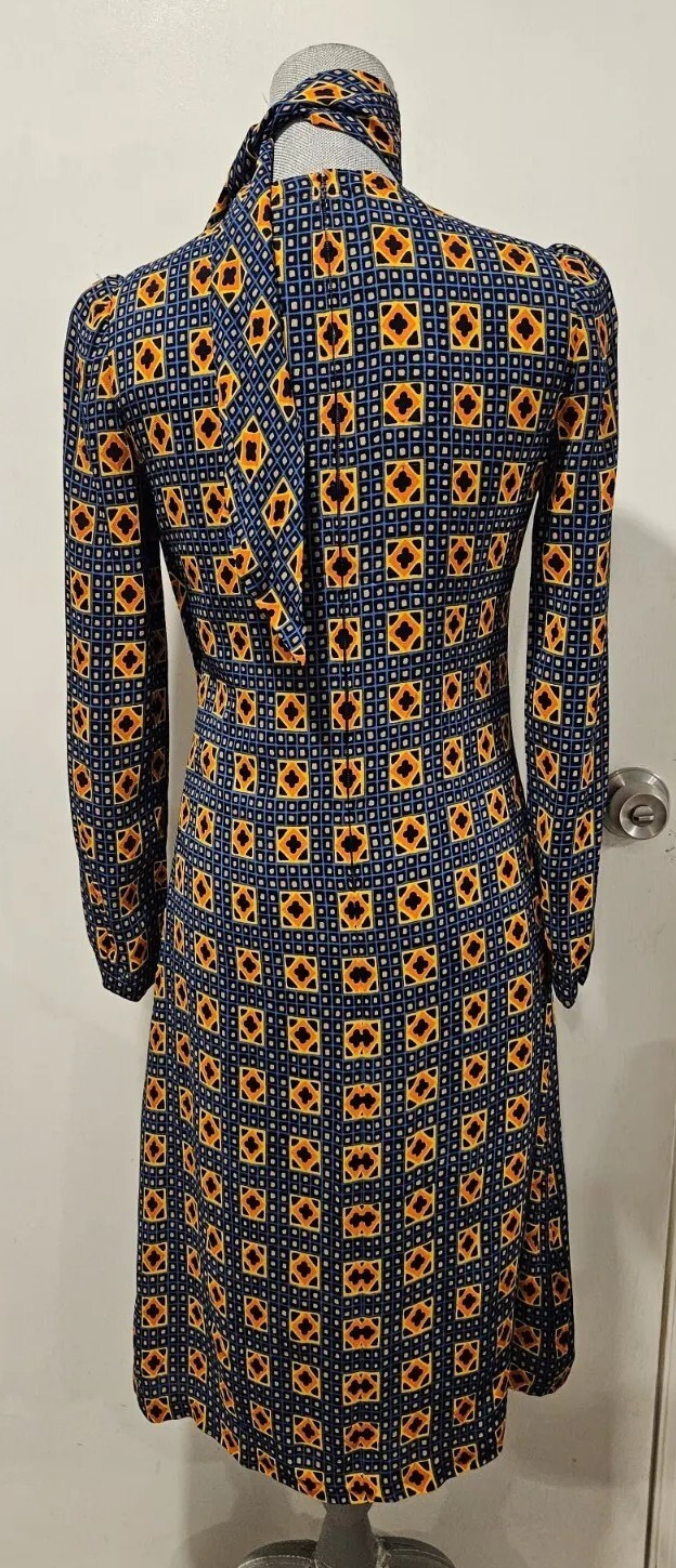 Jean Louis Scherrer Size 38 Vintage 70s Dress + Matching Scarf/Belt Blue Yellow