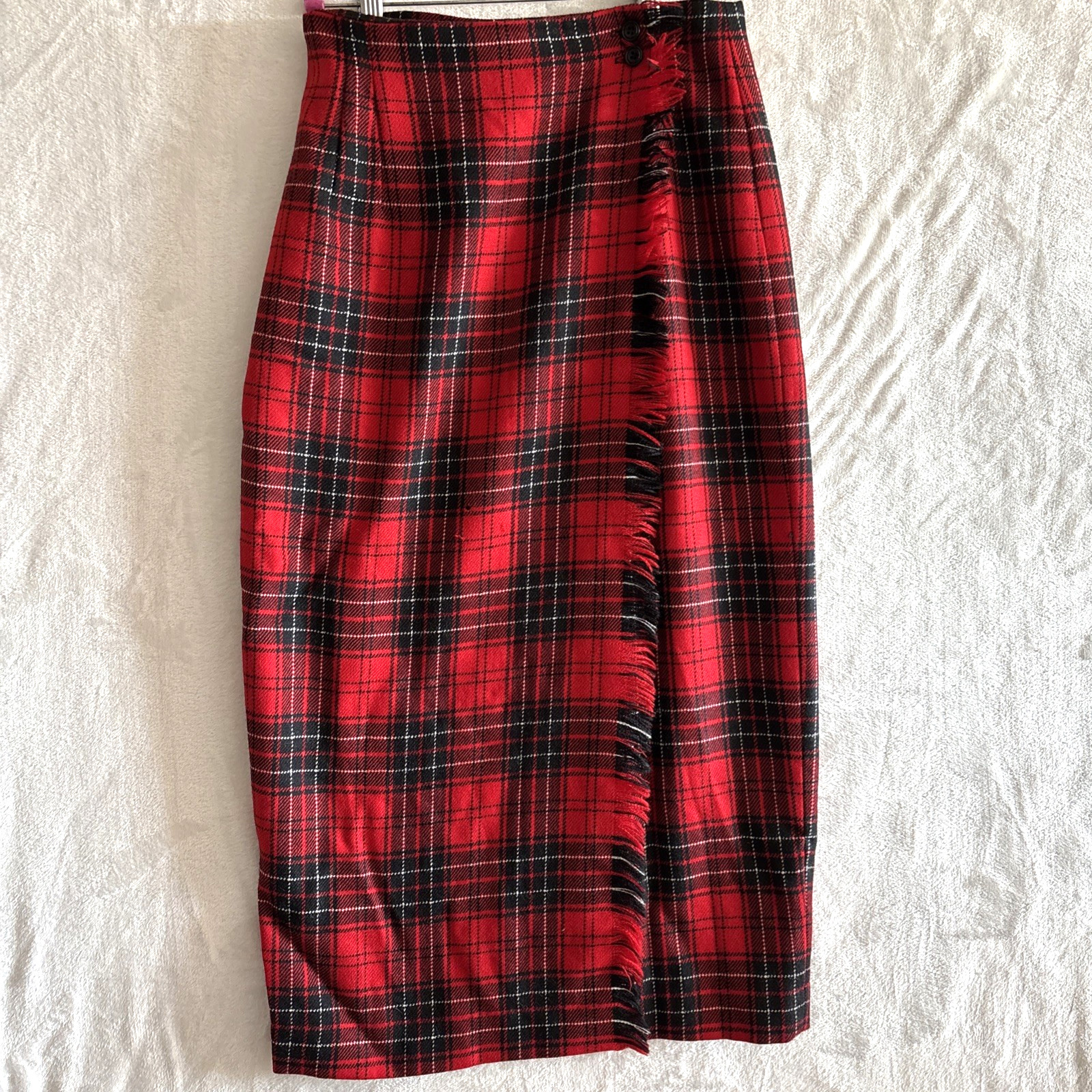 Vintage Rafaella Wool Maxi Red Tartan Plaid Wrap Skirt Size 8 Fringe Blanket