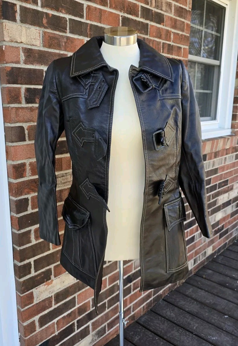 Vintage Stewarts Leather Coat Made In Israel 70’s Belt Straps Pockets Dark