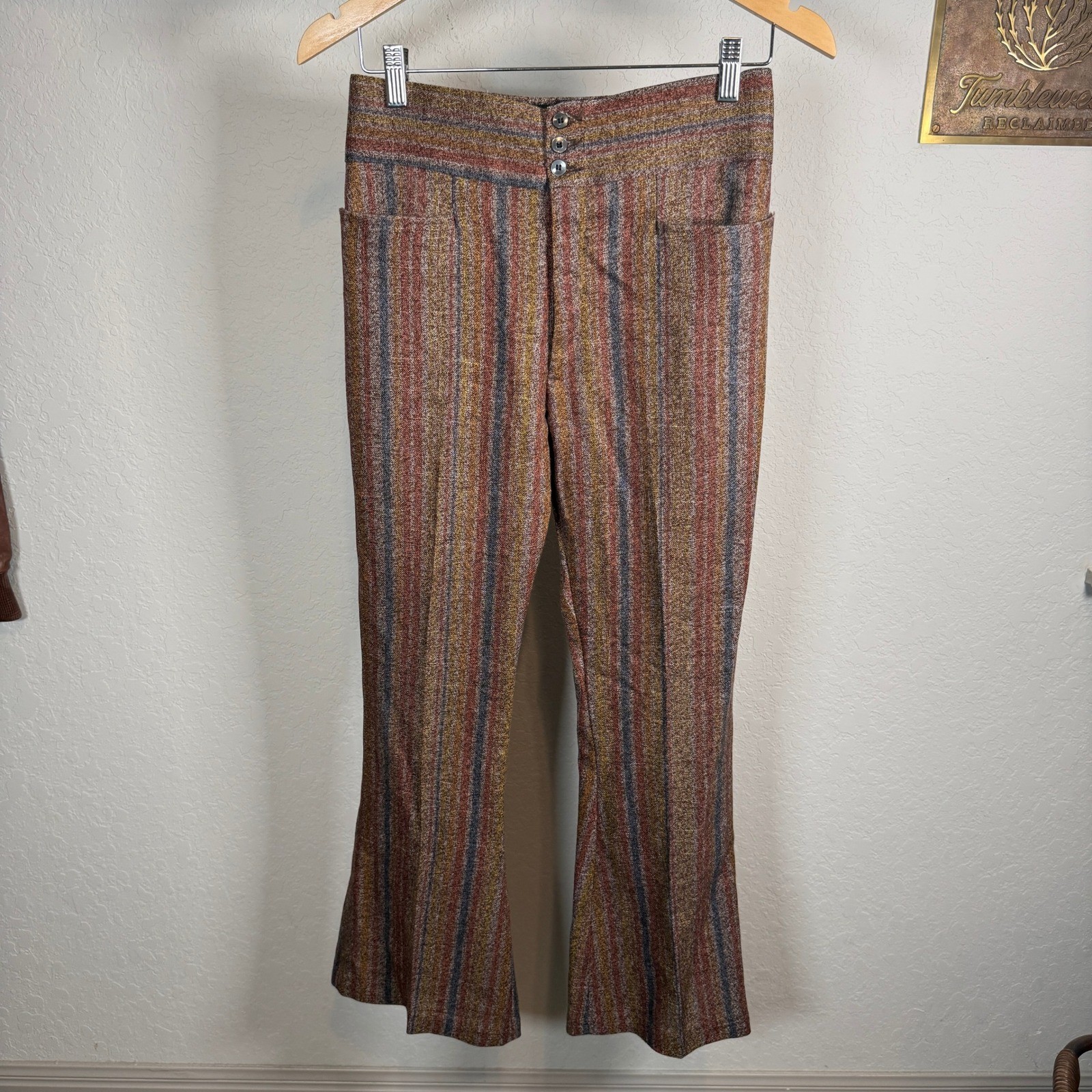 Vintage 70s Style High Waisted Striped Flare Pants Rust Gold Blue Trousers