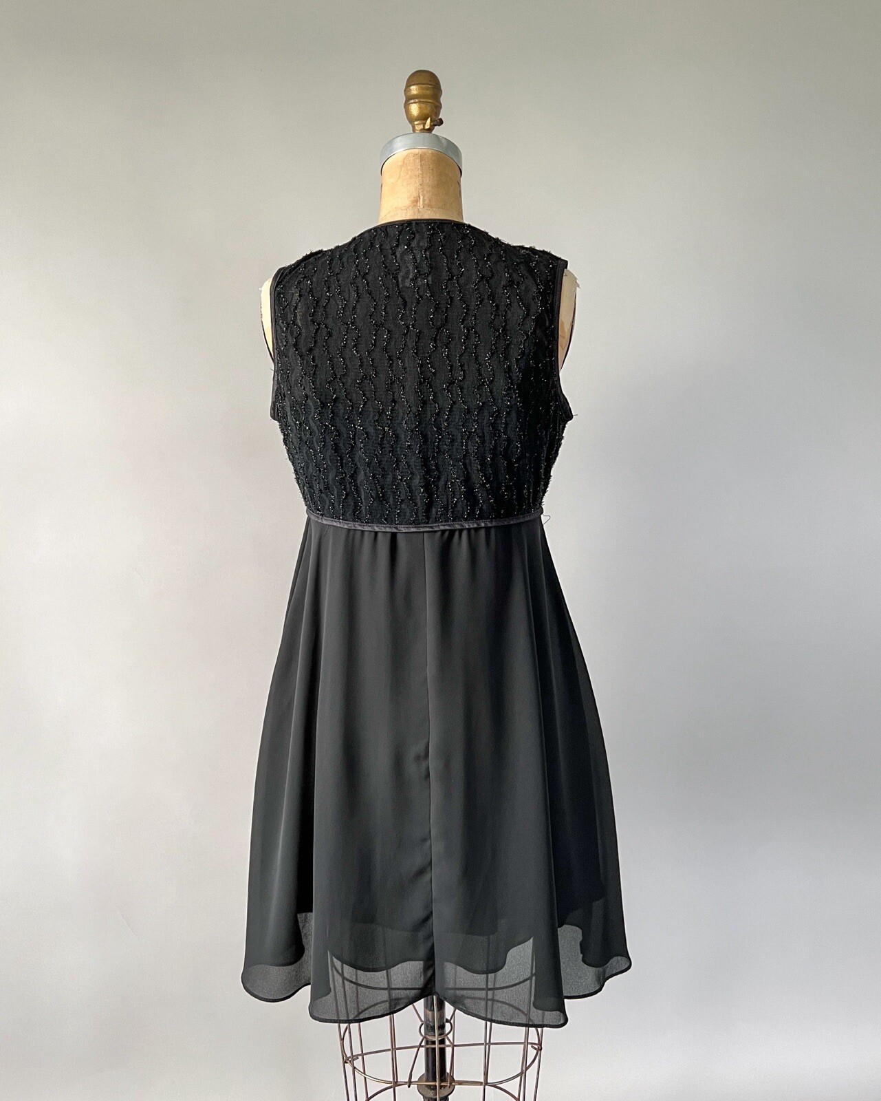 Vintage 1990s Black Chiffon Lace Babydoll Mini Slip Dress Sheer Overlay Sz M