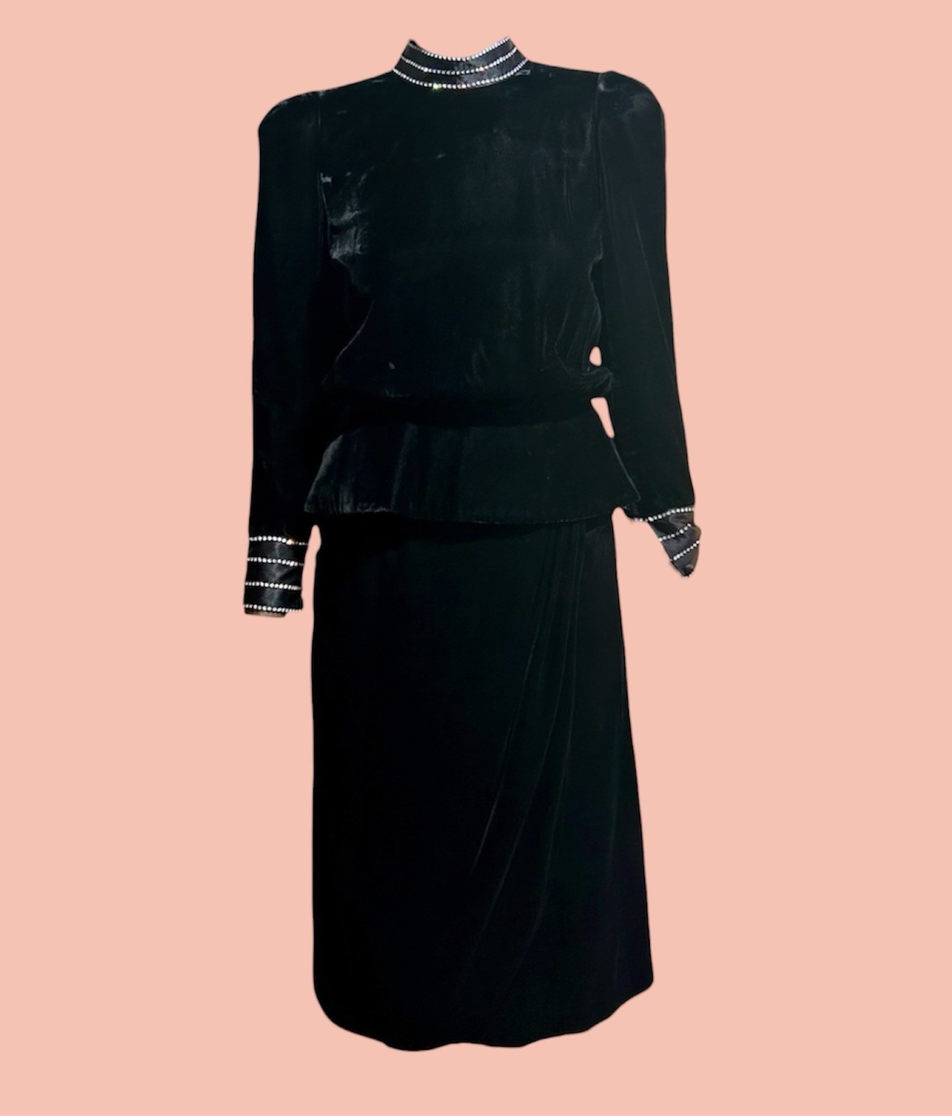 Vintage 80s Does 40s Black Velvet Rhinestone Trim Peplum Top Pencil Skirt Set XS