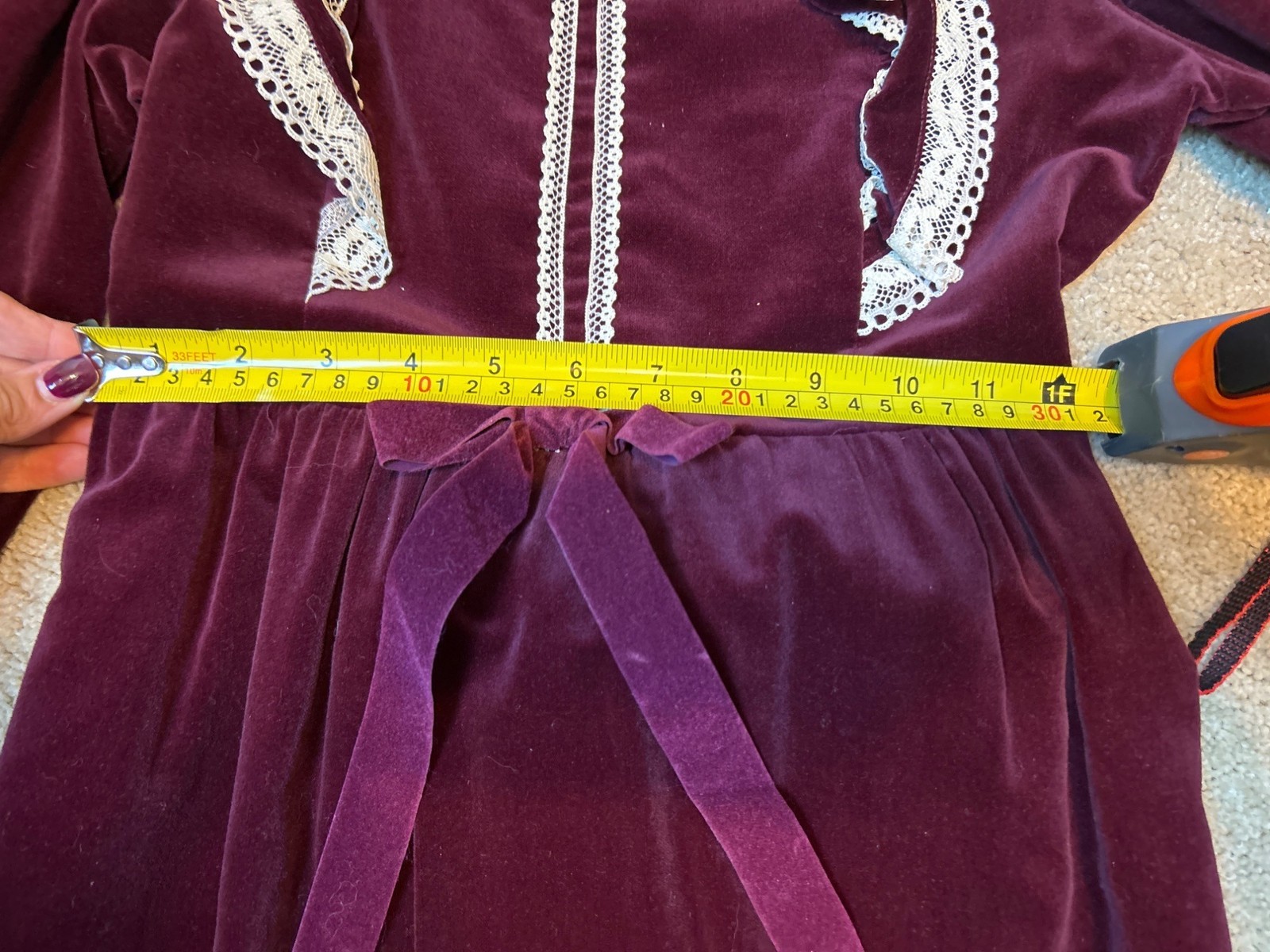 Vintage Burgundy Velvet Prairie Dress Lace Trim & Bow Detail Long Sleeve Ruffle
