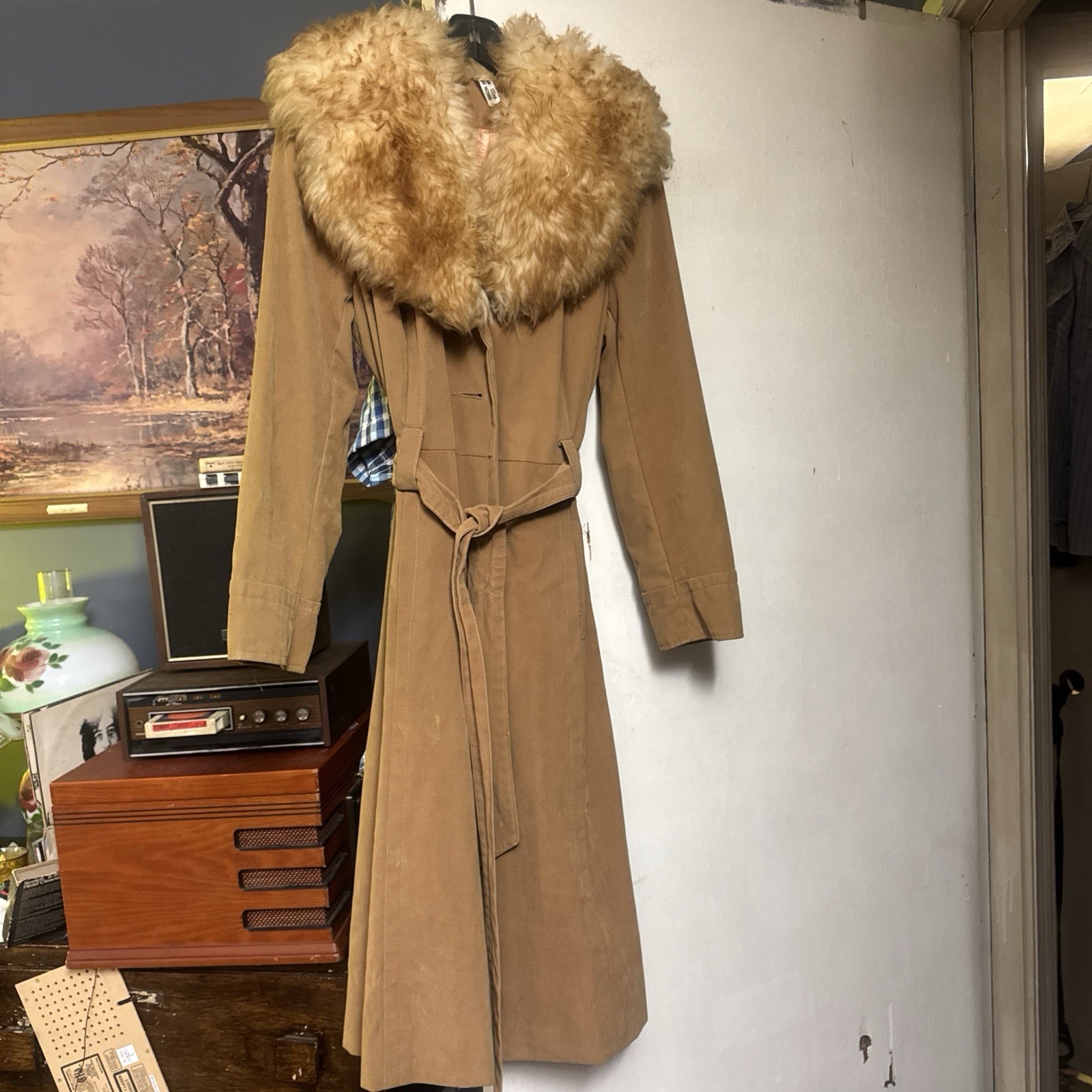 Vintage Sears Suede&Robuck Faux Fur Penny Lane Mob Wife Camel Coat Small Women’s