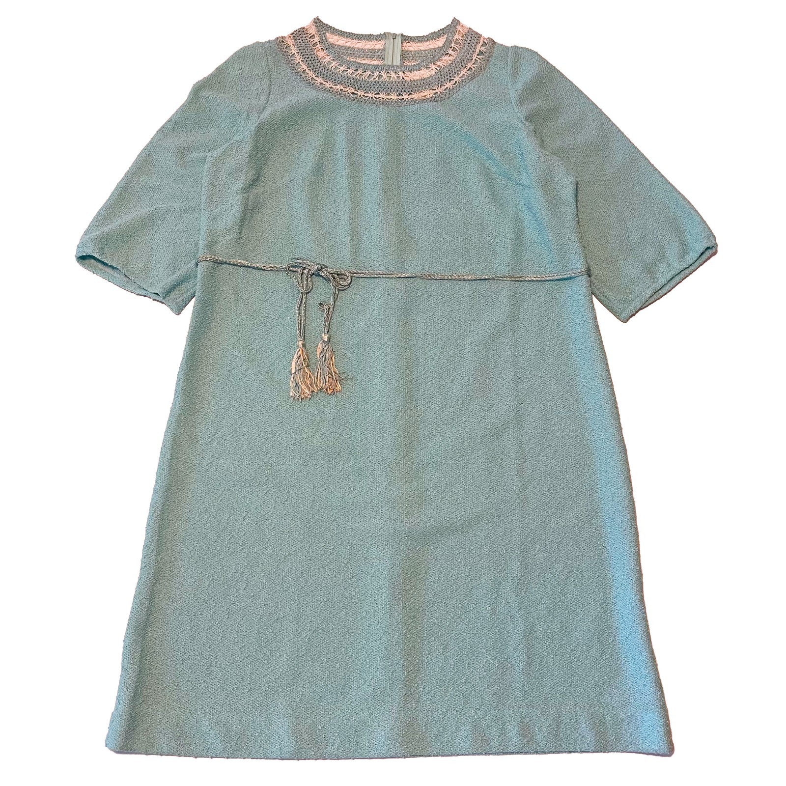 Vintage Leslie Pomer 1960s/70s Blue Knit Dress | Crocheted Neckline Tassel Belt