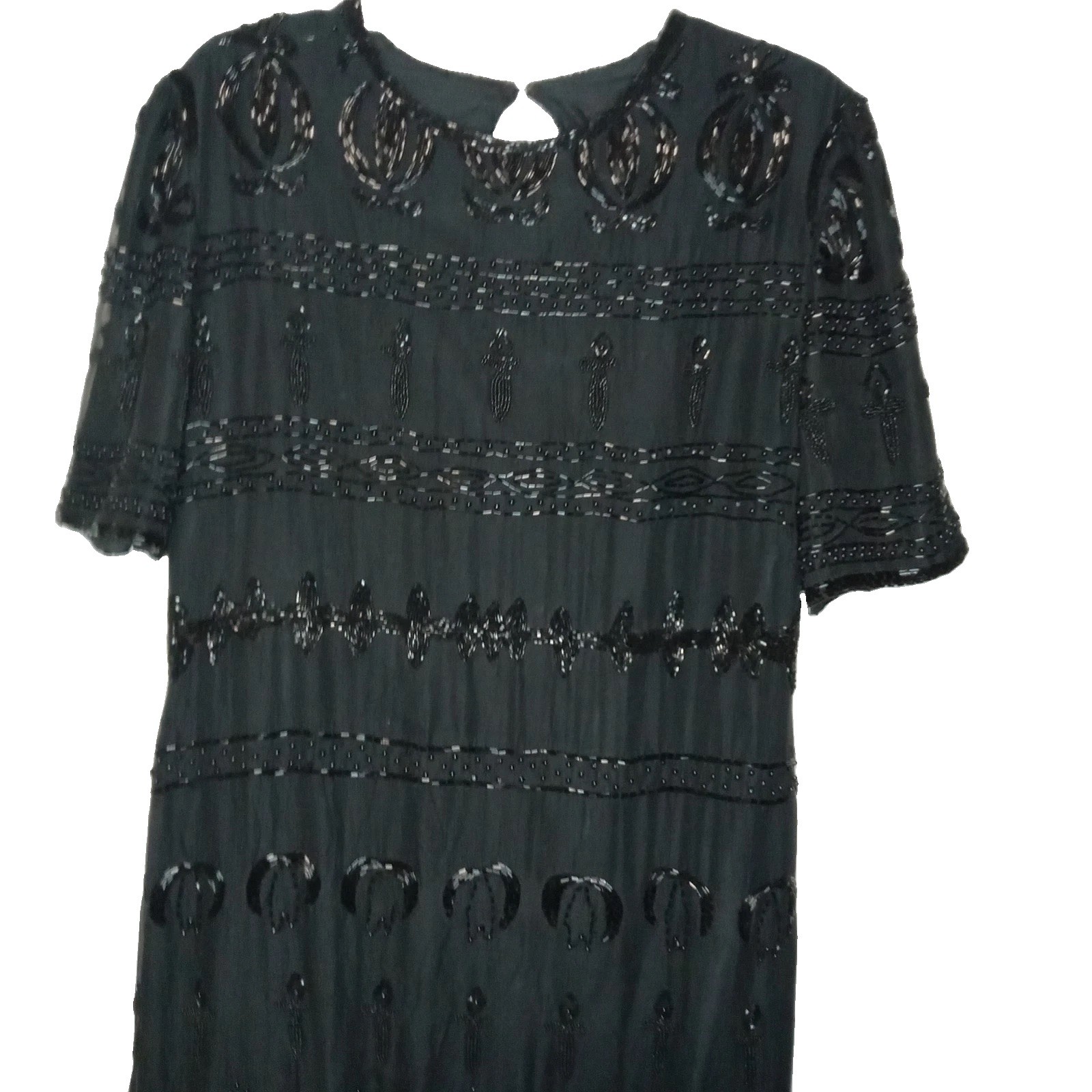 VTG Nite Waves Black Beaded Silk Dress Womens Sz M/L Cocktail Flapper Gatsby 80s