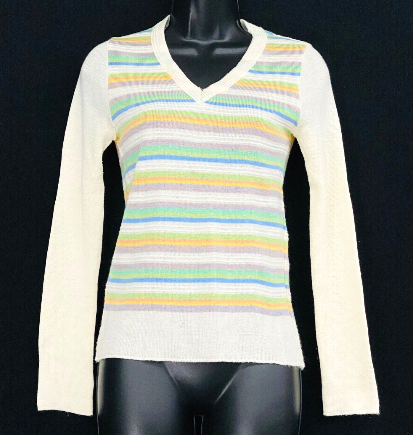 Vintage 1970s white knit top, pastel stripes long sleeve deadstock shirt sweater