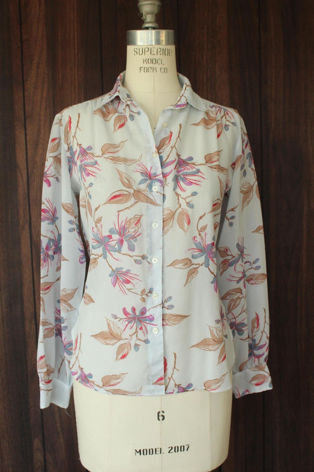 Vintage 1980s 1990s Blouse, Pale Blue Gray Chiffon with a Floral Print Button