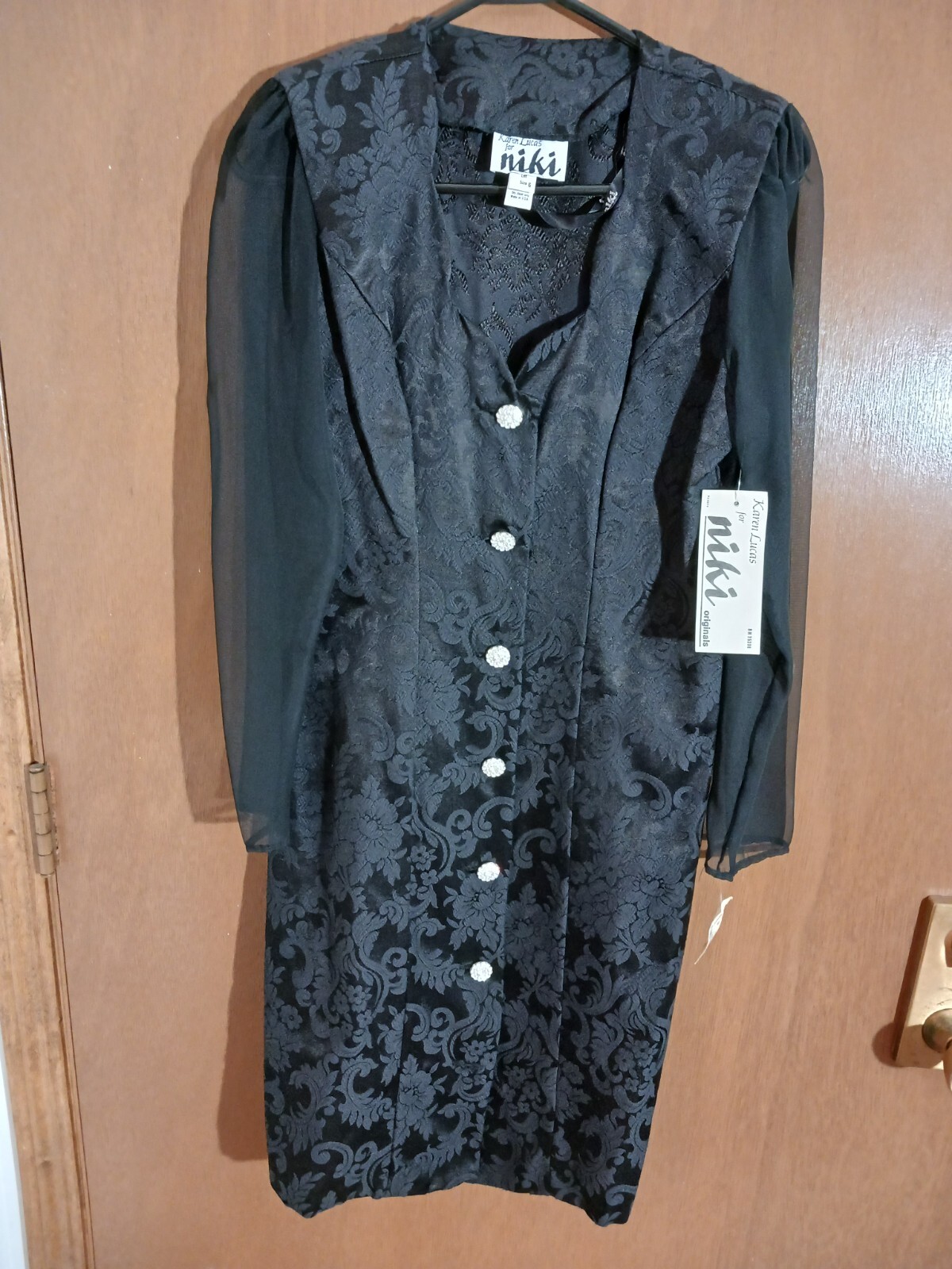 Vtg NWT Niki Dress Black USA Sheer Sleeves Embossed Rhinestones Size 6 156.00