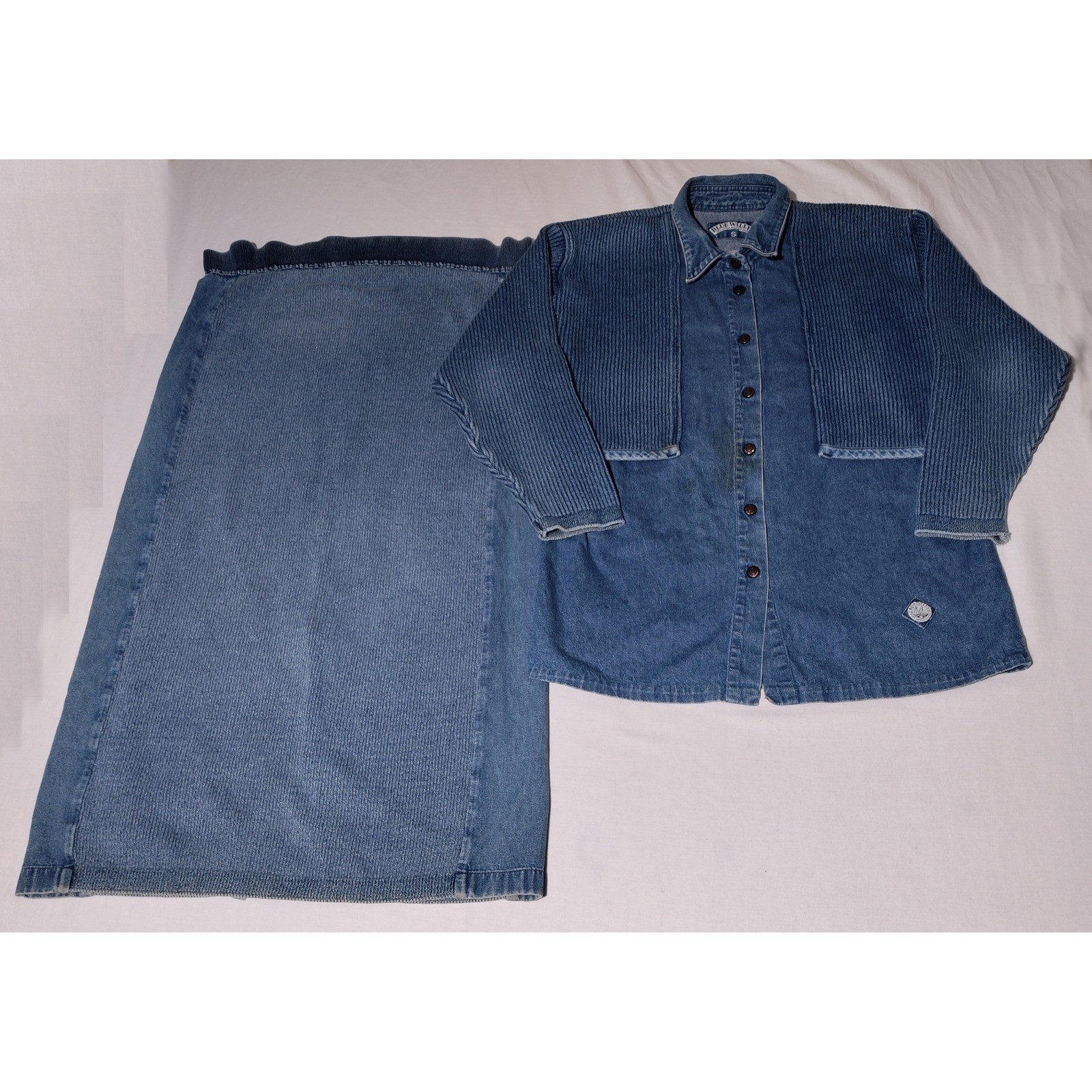 Blue Willis Denim Skirt Set Women Vintage 90s Shirt Sz S, Skirt Sz M, – stained