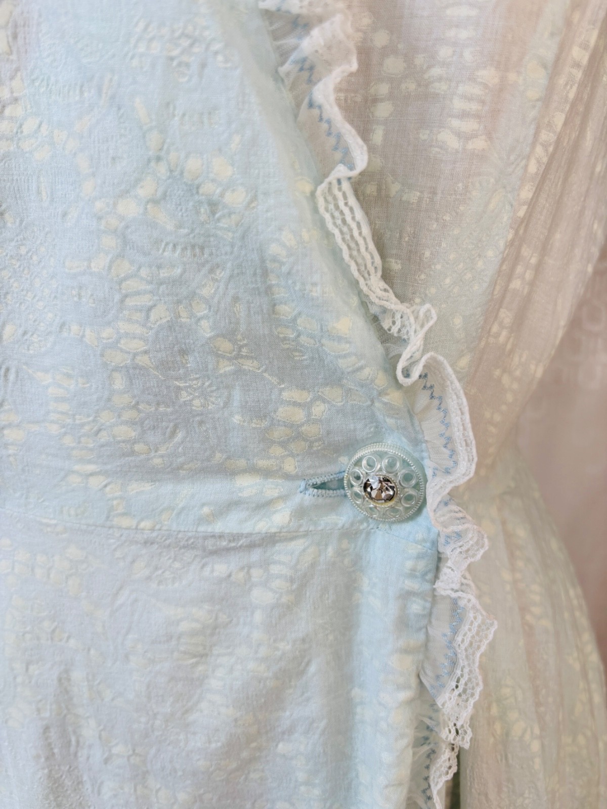 VTG 40’S HANDMADE SEMI SHEER MINTY BLUE FLORAL COTTON LACE WRAP HOUSE DRESS*S