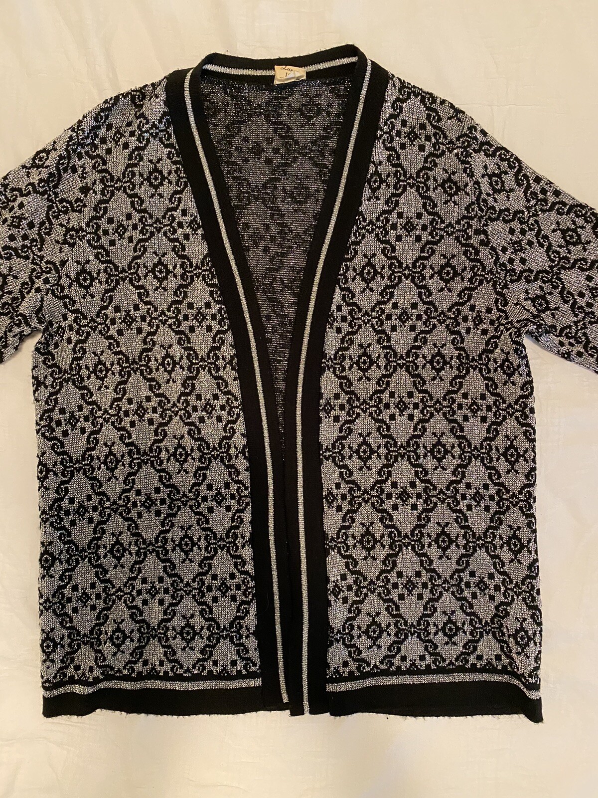 Vtg 1970s Size S Acrylic Lurex Open Cardigan Metallic Jacquard Knit Silver Black