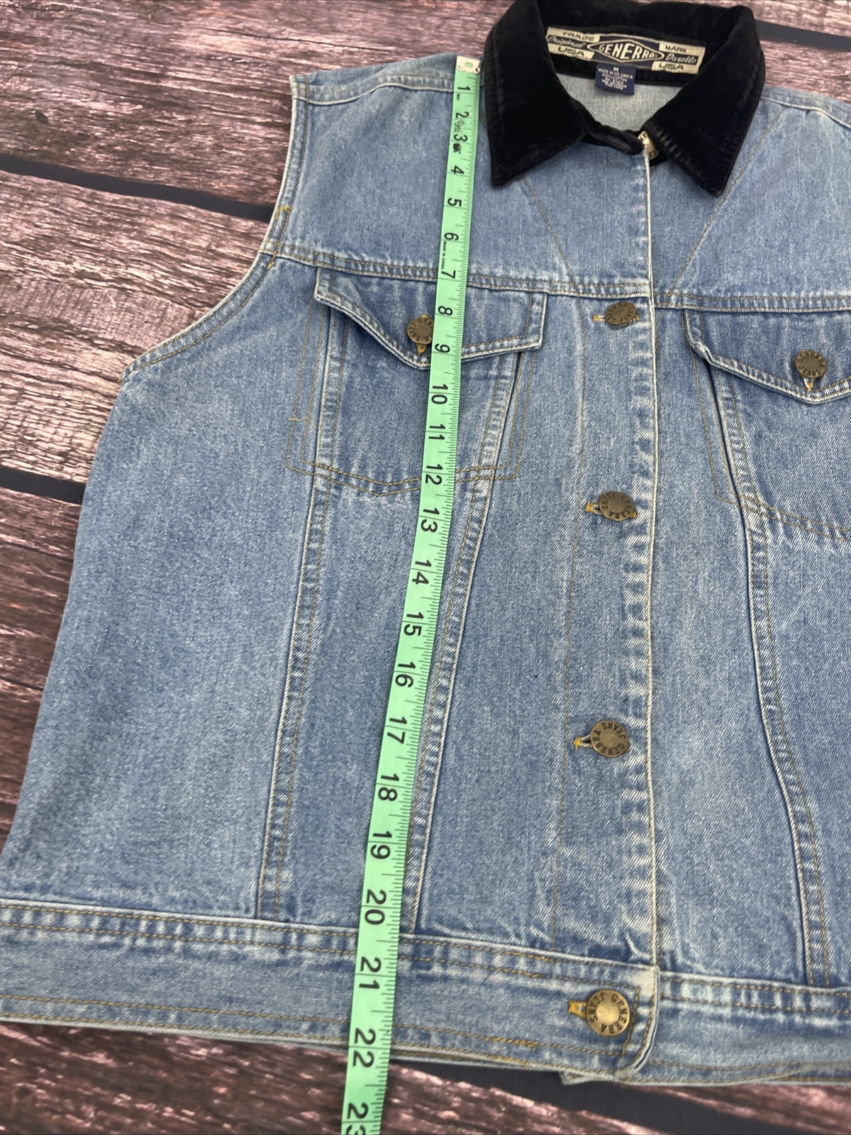 VTG Generra Cotton Denim Velour Collar Sleeveless Jean Vest Womens Sz M EUC