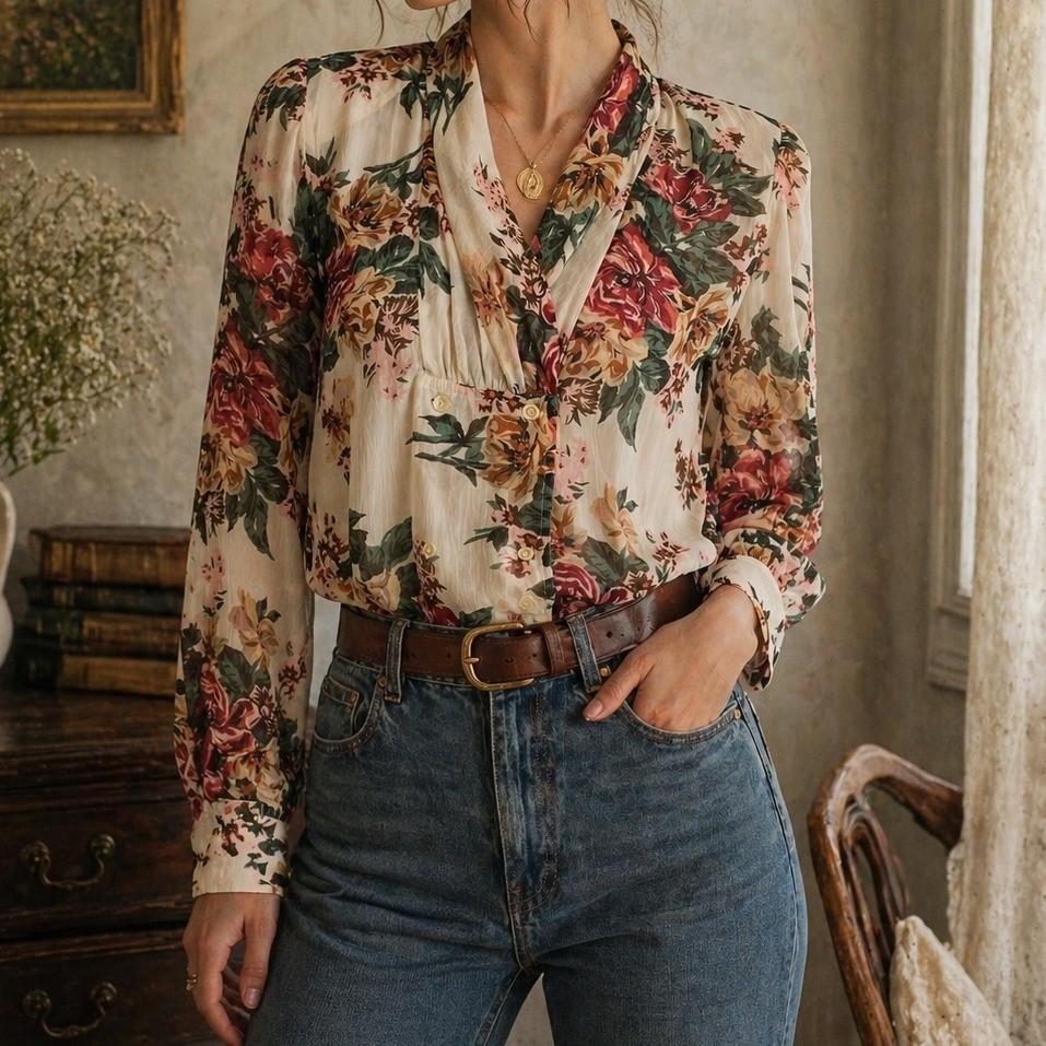 Vintage 90s Nilani Floral Sheer Blouse Romantic Cottagecore Korea Womens M