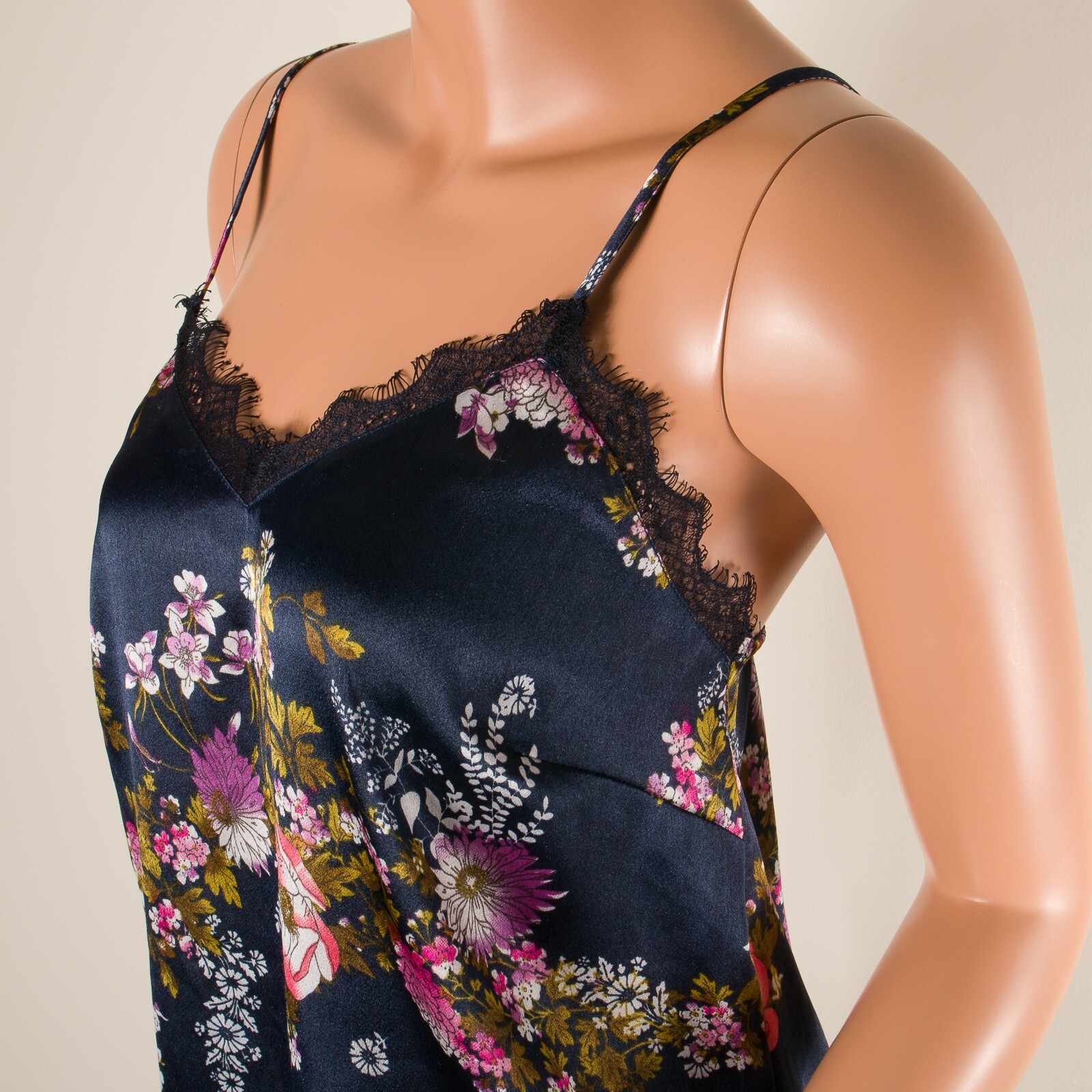 💖JAPNA Tank Top Cami Dark Blue Floral Silky Satin Adjustable Strap Lace Trim S