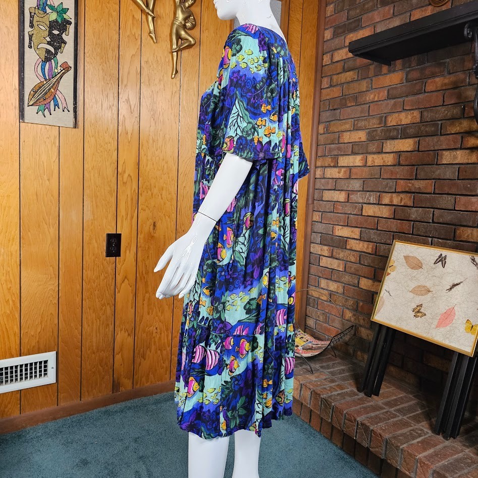 Vtg Mrs. Roper Lounge Caftan Volup Muumuu Tropical Fish Patio Pool Dress L/XL