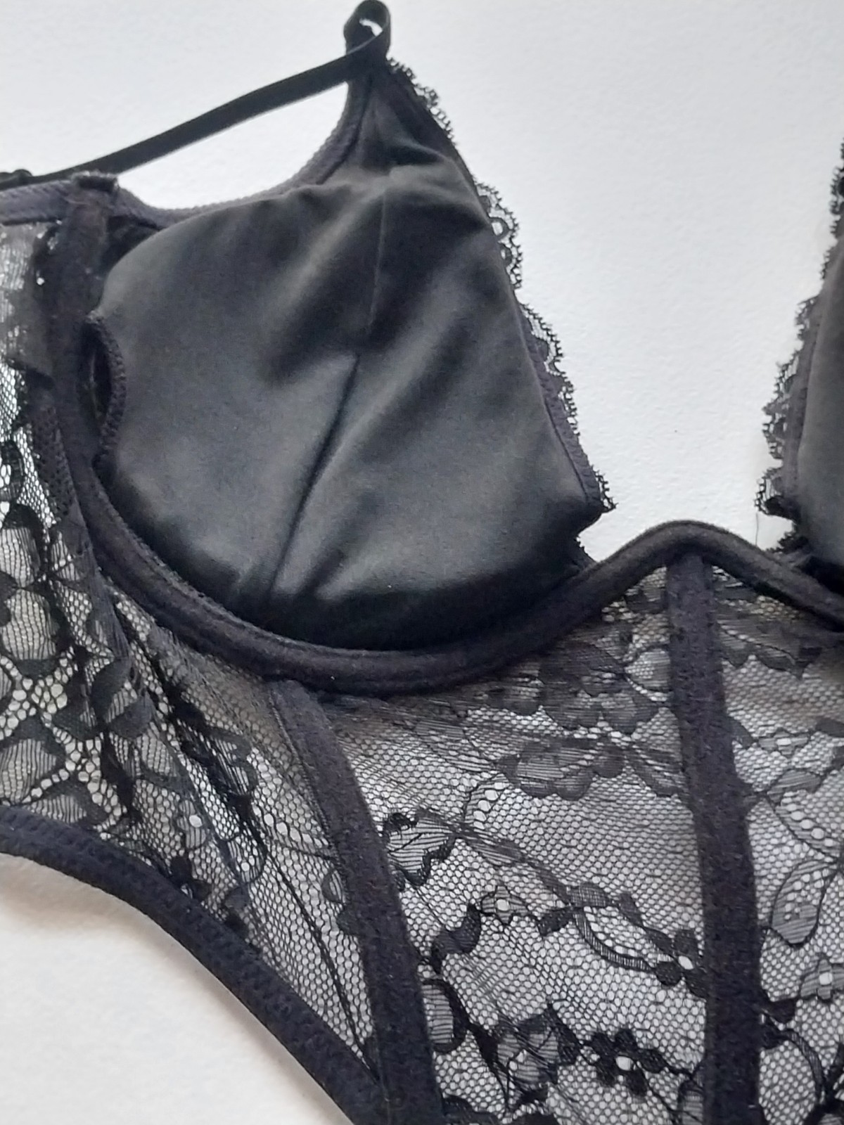 VTG PLUNGE LACE UW BRA CORSET TOP BUSTIER NOS S/P/M sheer blk lacy lace