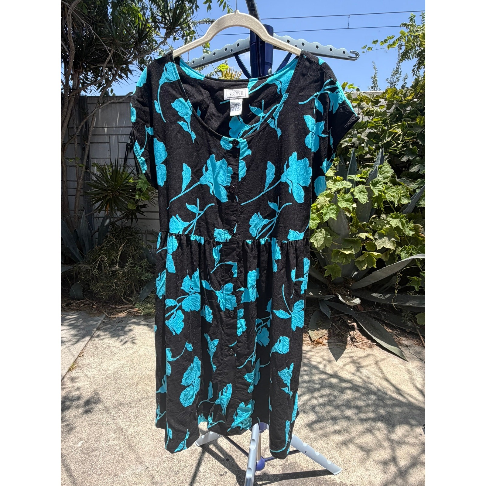 Vintage 90s Jennifer Moore Babydoll Mini Dress Medium Turquoise Flowers
