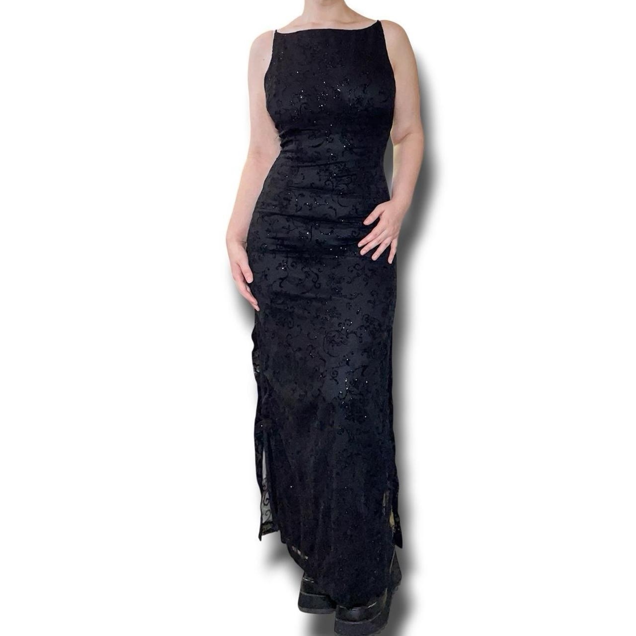 Vtg 90s Alyn Paige Black Maxi Dress Shimmer Shiny Velvet Floral Details Sz 9/10