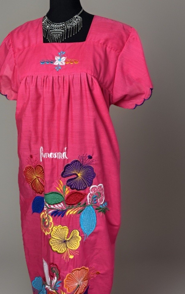 Vintage Panama Embroidered Caftan Dress Fuchsia Floral Muu Muu House Dress