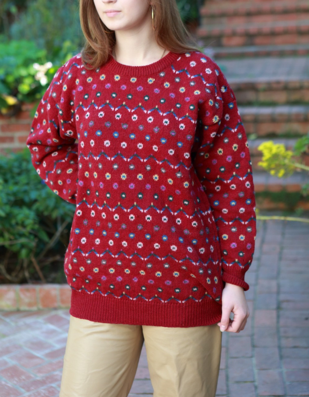 Vintage Crazy Horse M 100% Wool Oversized Sweater Burgandy Print