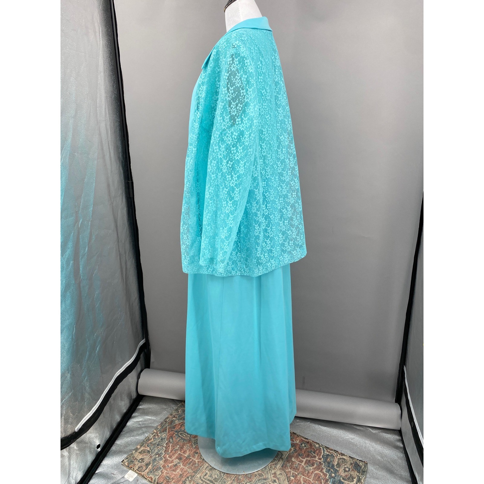 Vintage 60s Lace Maxi Dress Jacket Set Women XL 1X Turquoise Blue Formal Pastel